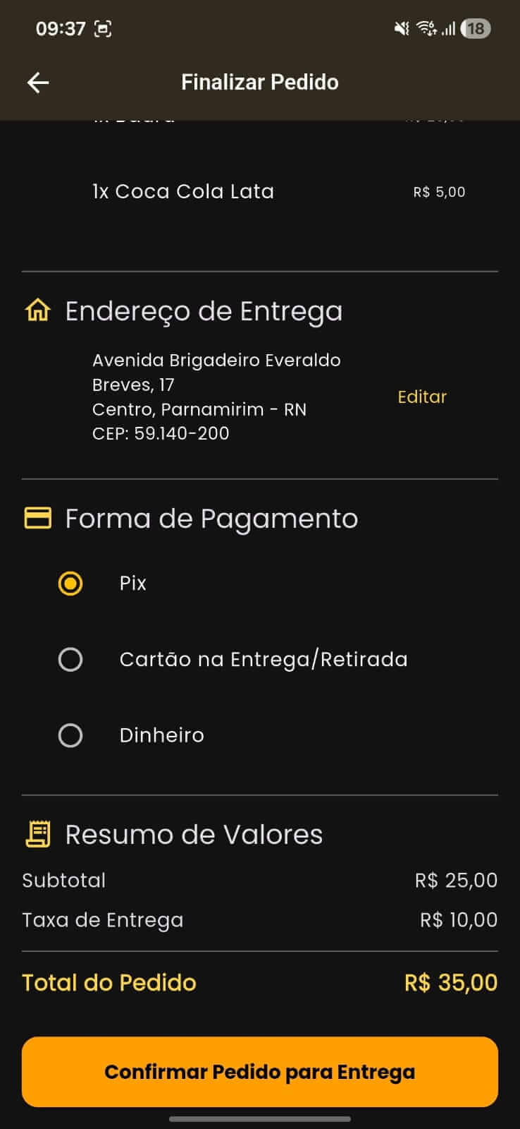 Finalização do pedido