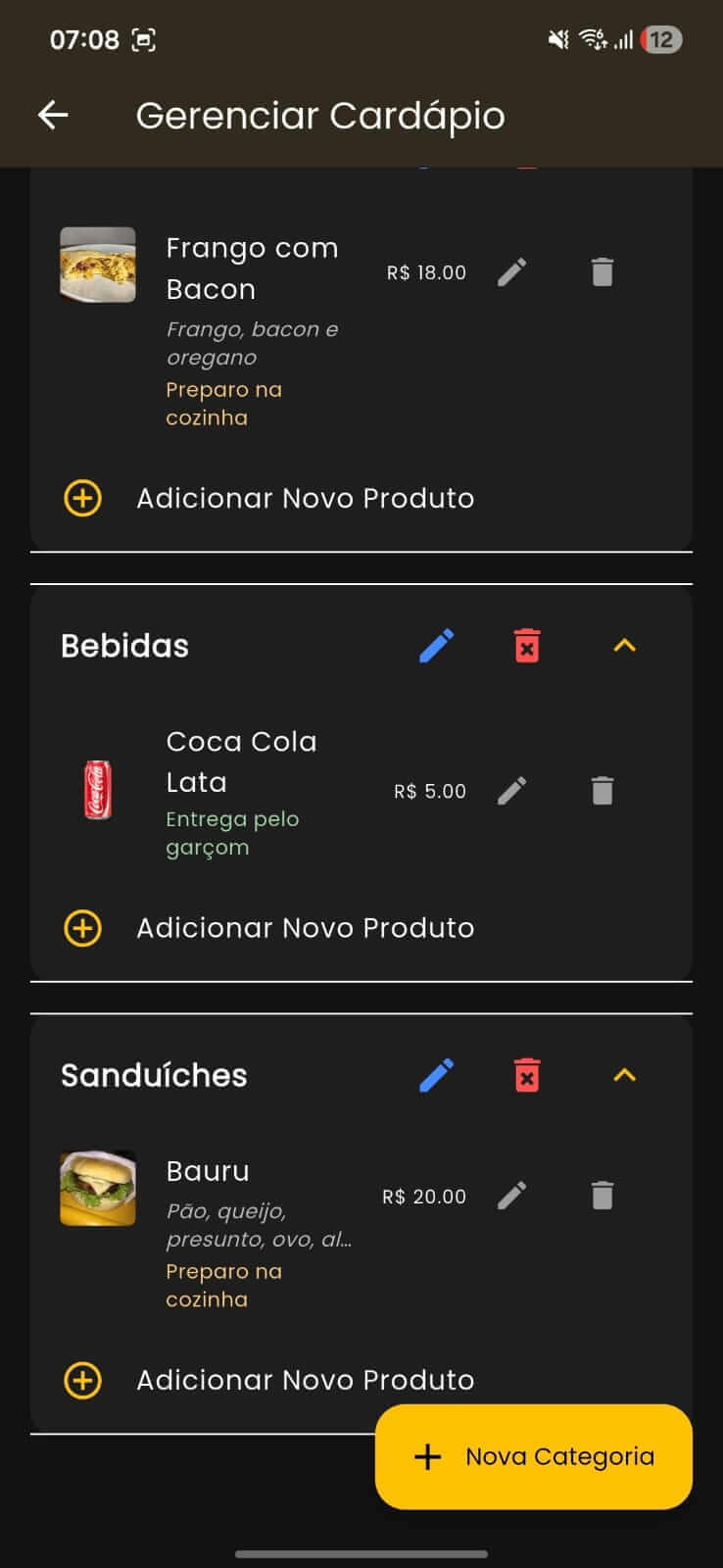 Cadastro de cardápio