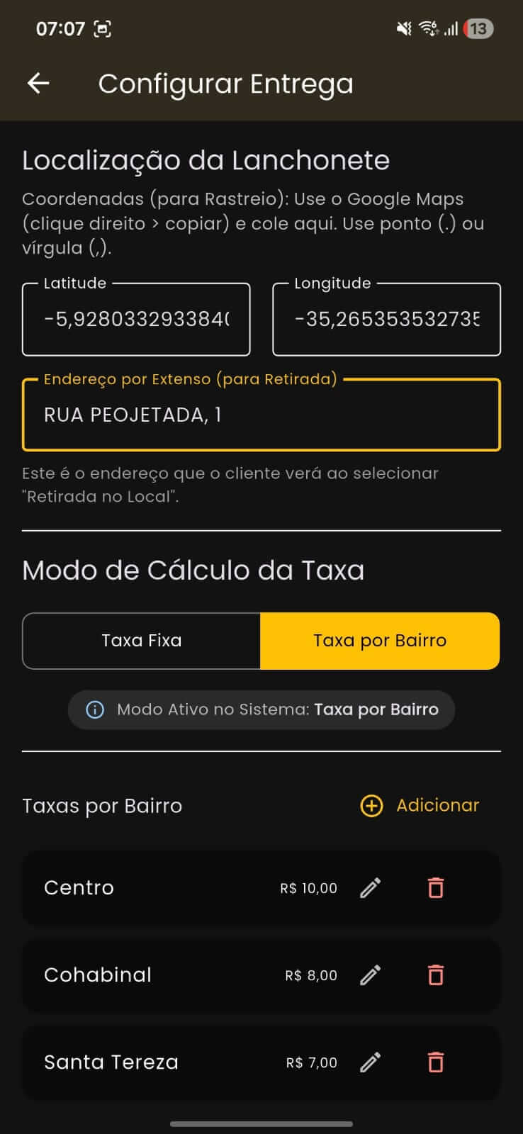 Configuração de entrega
